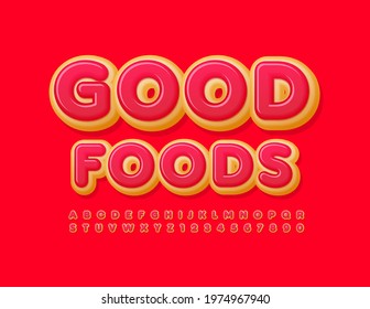 Signo creativo vectorial Good Foods. Una letra brillante y sabrosa. Deliciosas letras y números de alfabeto donut