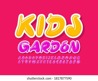 Vector creative sign Kids Garden. Artistic bright Font. Handwritten pink Alphabet Letters and Numbers