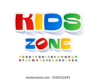 Signo creativo de Vector Kids Zone. Pegatina brillante Font. Conjunto de letras y números de alfabeto colorido moderno.