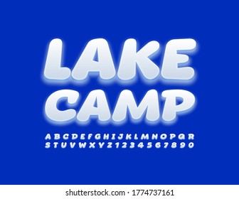 Vector creative sign Lake Camp. White Glowing Font. Comic lighting Alphabet Letters and Numbers