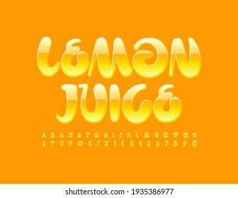 Vector creative sign Lemon Juice. Bright Yellow Font. Handwritten Alphabet Letters and Numbers set