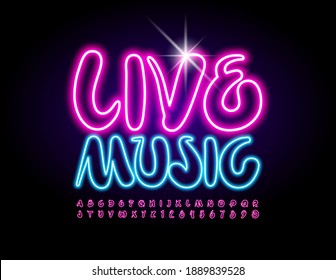 Vektorkreatives Zeichen Live Music. Neon handgeschriebene Schriftart. Leuchtende Alphabet-Buchstaben und -Zahlen-Set