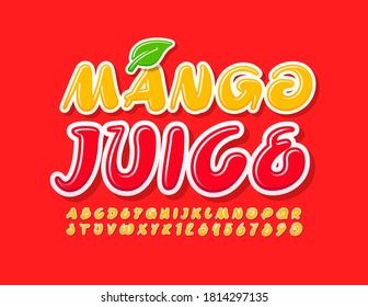 Vector creative sign Mango Juice. Handwritten Yellow Font. Artistic Alphabet Letters and Numbers set