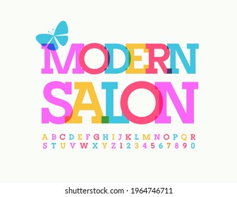 Vector creative sign Modern Salon with Decorative Butterfly. Artistic colorful Font. Bright Alphabet Letters and Numbers set