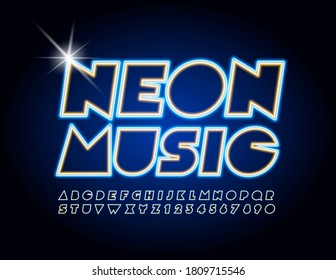 Vector creative sign Neon Music. Electric abstract Font. Illuminated led Alphabet Letters and Numbers