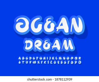 Signo creativo vectorial Ocean Dream. Tipo de letra pegatina azul y blanco. Conjunto de letras y números de alfabeto artístico