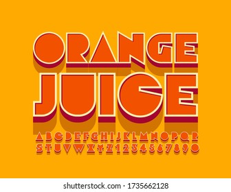 Vector creative sign Orange Juice. 3D Retro Font. Bright Alphabet Letters and Numbers