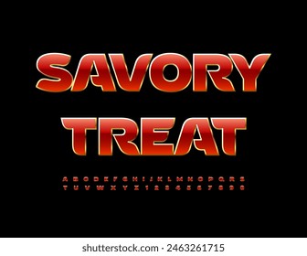 Vector creative sign Savory Treat. Chic Red Font. Stylish Alphabet Letters and Numbers set.