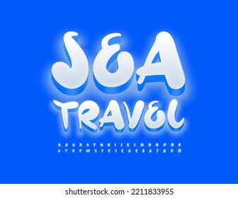 Vector creative sign Sea Travel. White glowing Font. Handwritten Alphabet Letters and Numbers set