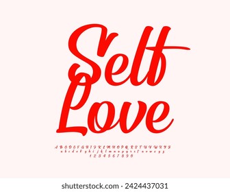 Signo creativo vectorial Self Love. Letra roja manuscrita. Conjunto caligráfico de letras y números alfabetos.