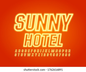 Vector creative sign Sunny Hotel with Yellow Neon Font. Glowing Led Alphabet Letters and Numbers