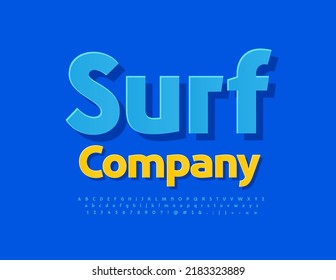 Vector creative Sign Surf Company.   Modern bright Font. Blue sticker Alphabet Letters and Numbers set