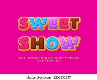 Vector creative sign Sweet Show. Tasty Donut Font. Colorful Glazed Alphabet Letters and Numbers set