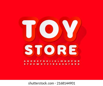 Vector creative Sign Toys Store. Red sticker Font. Modern Alphabet Letters and Numbers