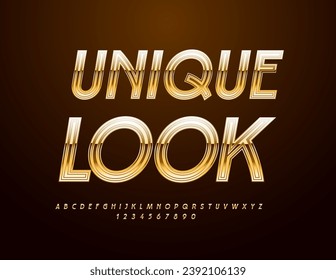 Vector creative sign Unique Look. Exclusive Gold Font. Stylish Alphabet Letter, Numbers and Symbols.