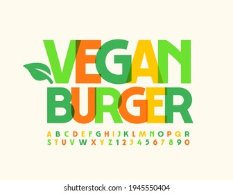 Vektor-Kreativzeichen Vegan Burger mit dekorativem Leaf. Helle künstlerische Schriftart. Farbige Alphabet-Buchstaben und -Zahlen