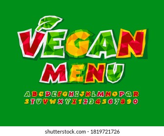 Sinal criativo vetor Menu vegano. Fonte colorida amassada. Conjunto de letras e números alfabéticos dobrados