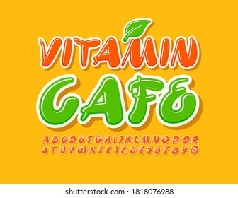 Vector creative sign Vitamin Cafe. Handwritten bright Font. Orange Alphabet Letters and Numbers set
