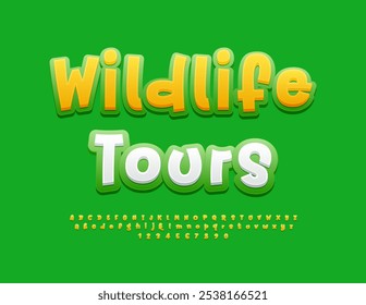 Vector creative sign Wildlife Tours. White and Green Handwritten Font. Playful Alphabet Letters and Numbers set.