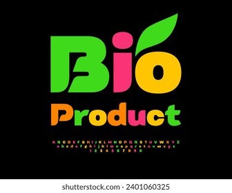 Producto Bio Vector Creativo para Cartón. Elegante fuente colorida. Juego de letras y números de alfabeto artístico.