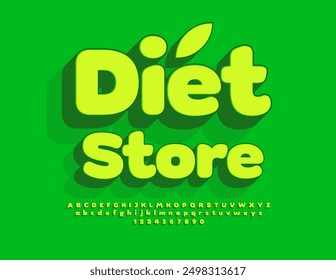 Vector creative signboard Diet Store. Bold Green Font. Cute 3D Alphabet Letters and Numbers set.  