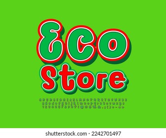 Tienda ecológica de carteles creativos vectores. Fuente verde y roja brillante. Letras y números de alfabeto modernos.