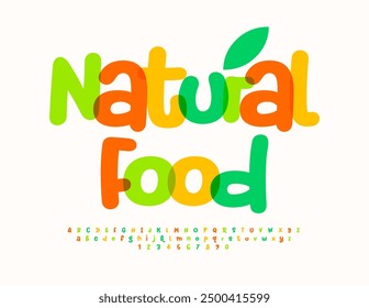 Vector creative signboard Natural Food with decorative Leaf. Bright artistic Font. Watercolor Alphabet Letters and Numbers set