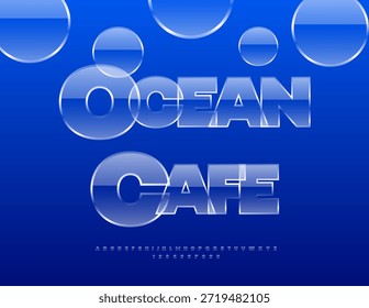 Vector Cartel creativo Ocean Café. Fuente transparente brillante. Conjunto de letras y números de alfabeto de estilo de cristal.