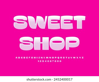 Vektorgrafik kreatives Schild Sweet Shop mit niedlichen Font. Satz von weißen glänzenden Buchstaben und Zahlen.