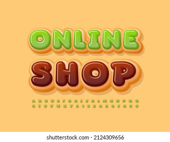 Vector creative sin Online Shop with sweet Font. Green glazed Donut Alphabet Letters and Numbers set