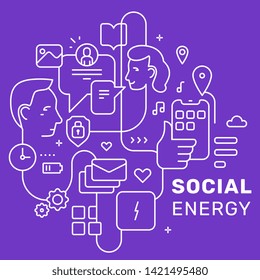 Vector creative social monochrome illustration on purple color background. Communication of people concept with icon and text. White line art style design for web, site, banner, poster