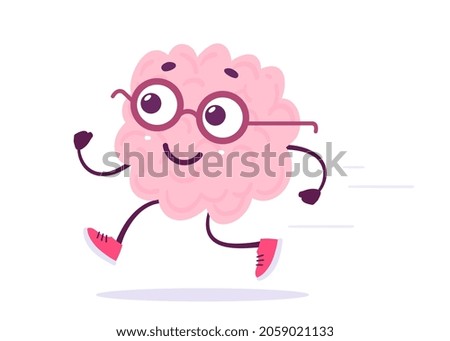 Vector Creative Sport Illustration of Happy Run Brain in Glasses on White Color Background. Flat Doodle Style Knowledge Concept Design of Happy Smile Human Brain Character for Web, Banner, Poster
