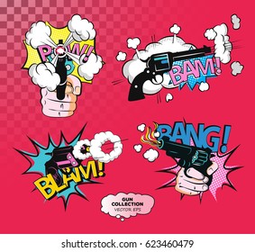 Kit de adhesivos creativos vectoriales en colores neones. Impresión de señalización a mano en el estilo de los cómics. Hombre con pistola aislada en el fondo. Conjunto de formas de parches elementos en el arte pop, estilo retro.