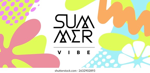 Ilustração de verão criativo vetor de fundo sazonal geométrico. Design de cor retro estilo de desenho animado plano de modelo com texto de verão e forma abstrata. Folhas tropicais e ponto para banner de festa