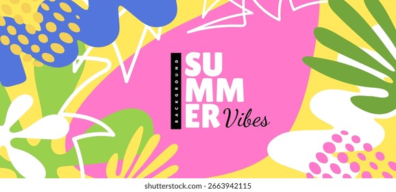 Vector ilustración creativa de verano. Fondo estacional geométrico con forma abstracta. Diseño de color retro de estilo de dibujos animados planos de Plantilla con texto de verano. Hojas tropicales y lugar para Anuncio de fiesta