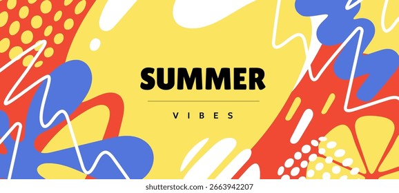 Vector ilustración creativa de verano. Plantilla geométrica con forma abstracta y hojas tropicales. Diseño de estilo de dibujos animados estacionales planos de fondo con texto de verano para Anuncio de fiesta, póster, tarjeta, cubierta