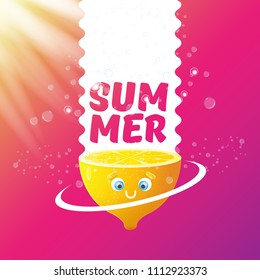 vector creative summer label or icon on pink and purplegradient background with lights. Summer fun concept background with fresh lemon