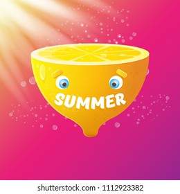 vector creative summer label or icon on pink and purplegradient background with lights. Summer fun concept background with fresh lemon