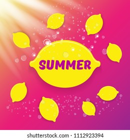 vector creative summer label or icon on pink and purplegradient background with lights. Summer fun concept background with fresh lemon