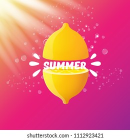 vector creative summer label or icon on pink and purplegradient background with lights. Summer fun concept background with fresh lemon