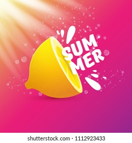 vector creative summer label or icon on pink and purplegradient background with lights. Summer fun concept background with fresh lemon