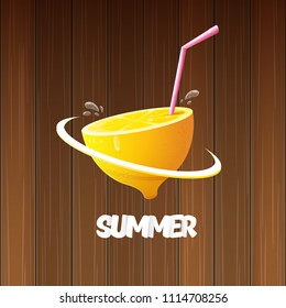 vector creative summer label or icon on wooden texture background. Summer fun concept background with fresh lemon
