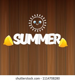 vector creative summer label or icon on wooden texture background. Summer fun concept background with fresh lemon