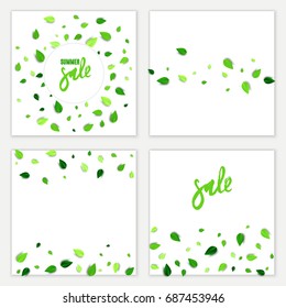 Vector creative summer sale square banners set of scattered green 3d leaves foliage. Summer design. All isolated and layered