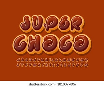 Vector creative Super Choco Font. Tasty Donut Alphabet. Artistic cake Letters and Numbers set