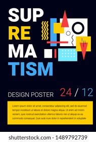 Vector creative template of abstraction with header and shape on black background. Flat style illustration design of bright abstract geometric composition for web, site, banner, poster, presentation