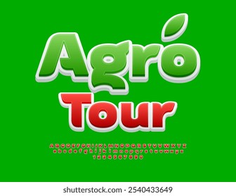 Vector creative template Agro Tour. Stylish Bright Font. Trendy Alphabet Letters and Numbers set.