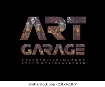 Vector creative template Art Garage. Aged metallic Font. Rusty Gold Alphabet Letters and Numbers set