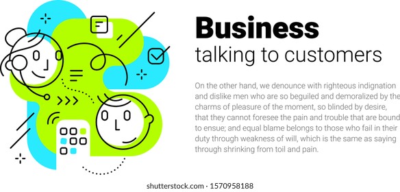 Vector creative template of communication of man and woman people head. Illustration of business customer service on white background with text. Flat line art style banner design of technical support