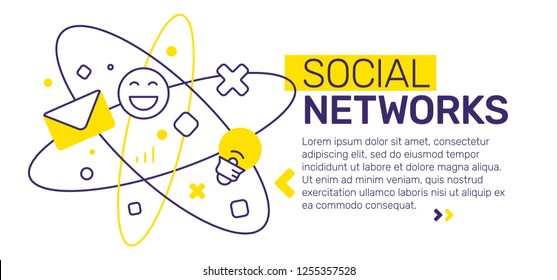 Vector creative template composition with social network abstract illustration with header, text on white background. Line art design for web, site, banner, presentation